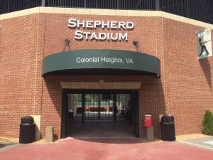 Modern metal doorway awning with the words Colonial Heights, VA, over the entrance to Shepherd Stadium
